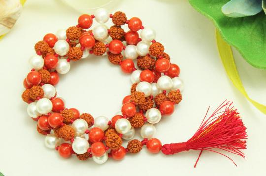 Rudraksha Coral and Pearl mala in thread